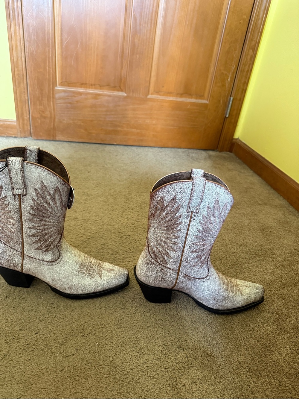 Ariat Distressed White Western Boots with Brown Trim - Picture 1 of 5
